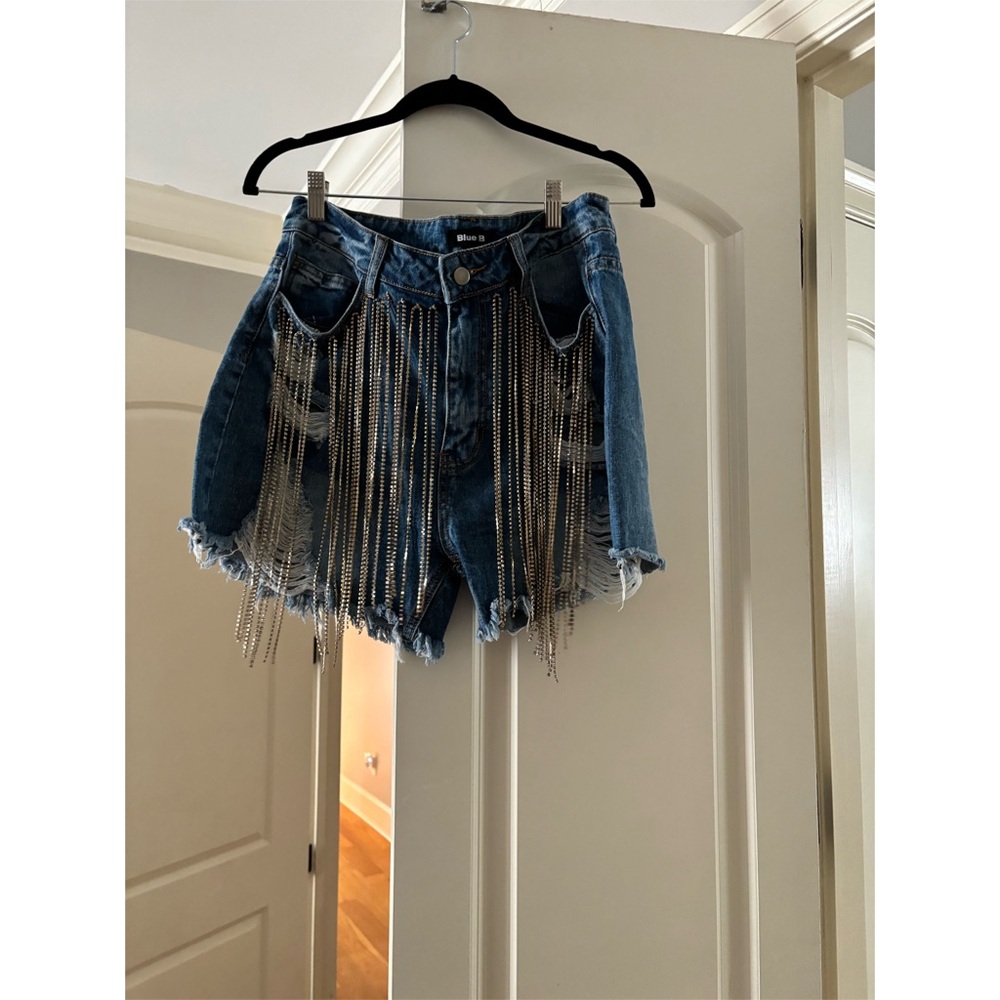 Brand new unworn rhinestone fringe high waist jean shorts